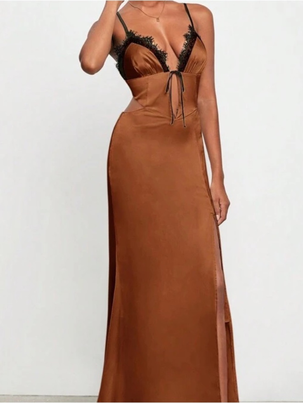 Satin Lace-Trim Slip Dress in Copper - Picture 4 of 6